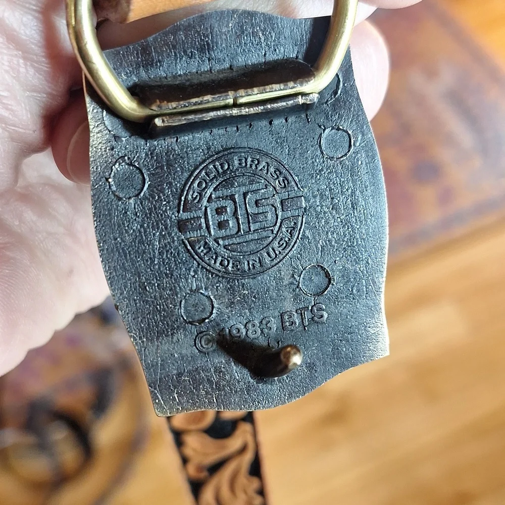 Vintage railroad brass buckle Looper leather tooled belt